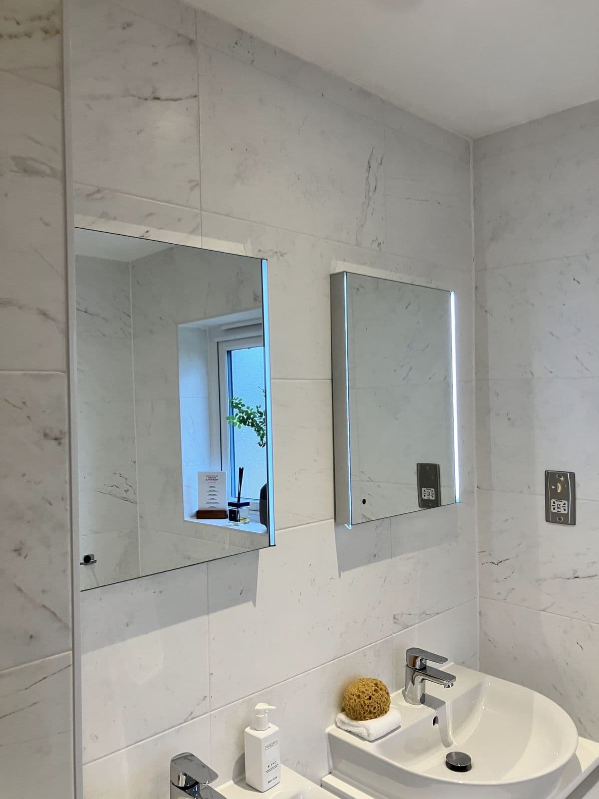 Completed bathroom renovation - patterned floor tiles